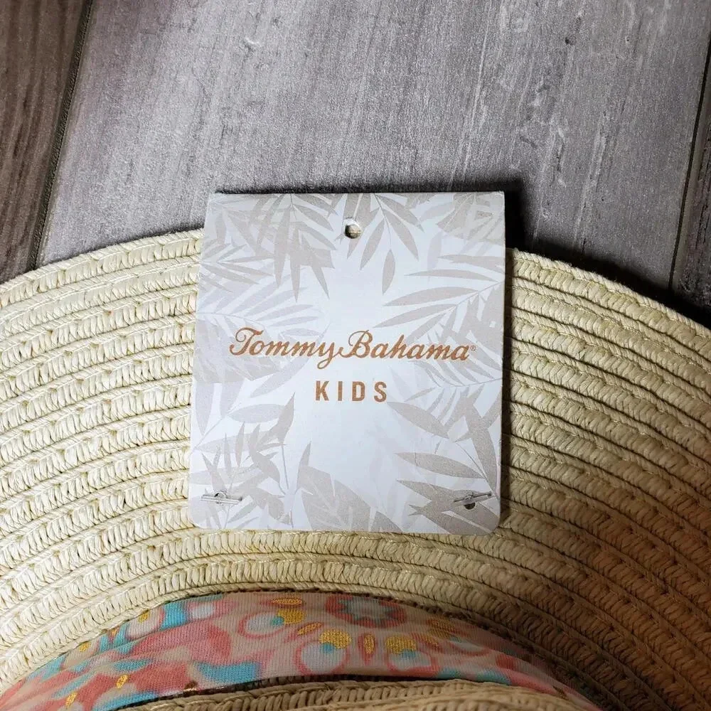 NWT Tommy Bahama Kids Girls Straw Hat with Blue & Pink Metallic Bow